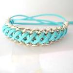Braided bracelet,silver chain bracelet, turquoise suede and silver chain bracelet, e, spring bracelet.Friendship bracelet, woven bracelet,turqois
