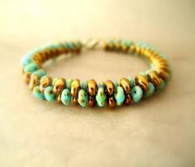 turquoise bangle bracelet, turquoise bronze beaded bracelet, Seed Bead bracelet, Bangle Bracelet, summer colors bracelet, Beaded Bracelet,