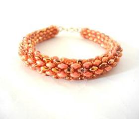 coral bracelet, coral pink beaded bracelet, gold and pink Seed Bead bracelet, summer colors bracelet, woven, Beaded Bracelet,