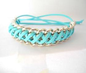 Braided bracelet,silver chain bracelet, turquoise suede and silver chain bracelet, e, spring bracelet.Friendship bracelet, woven bracelet,turqois