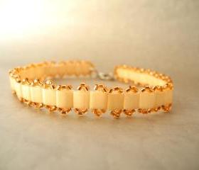 beige bracelet, beige and gold beaded bracelet, Seed Bead bracelet, summer colors bracelet, woven ,Beaded, pastel, tila bracelet.